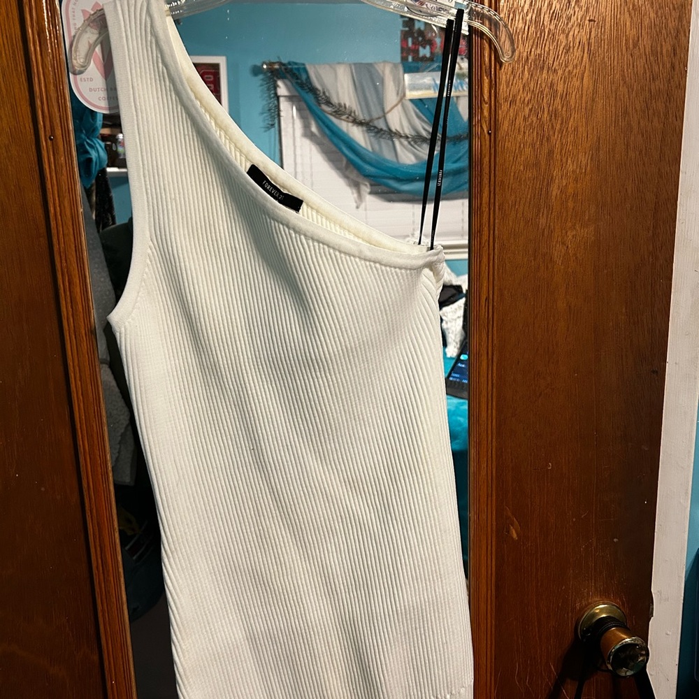 Forever 21 Cream Ribbed One-Shoulder Top